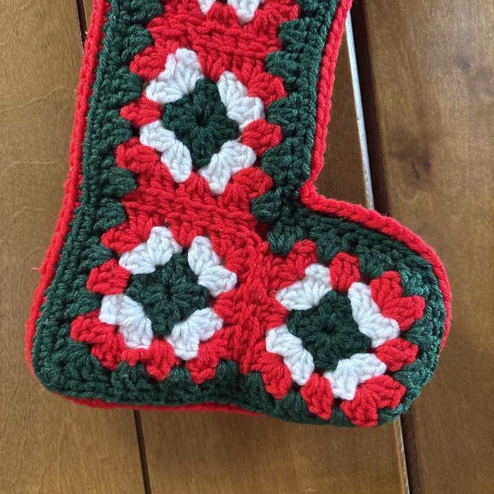 Vintage Hand Crocheted Chunky Knit Granny Squares Christmas Stocking SKINNY